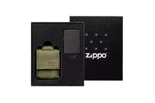 Zippo чёрная зажигалка Black Crackle и зелёный нейлоновый чехол