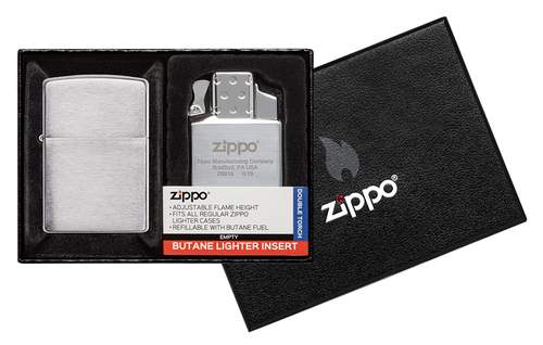 Набор ZIPPO: зажигалка 200 с покрытием Brushed Chrome и газовый вставной блок с двойным пламенем