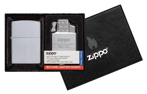 Набор ZIPPO: зажигалка 205 с покрытием Satin Chrome™ и газовый вставной блок с двойным пламенем